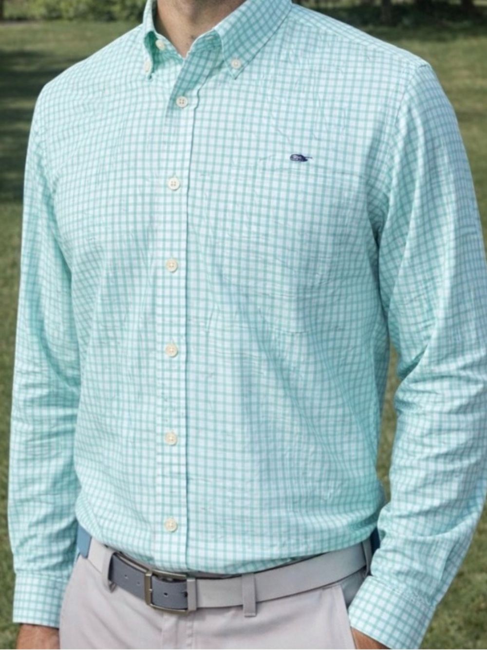 Vineyard Vines Whale Shirt Mint Checkered on Bone Button-Down Big Boys XL (18)